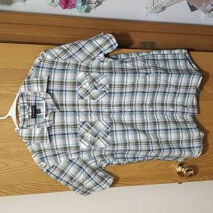 BANANA REPUBLIC MEN'S LARGE SHORT SLEEVE BUTTON DOWN BLUE GREEN PLAID SHIRT